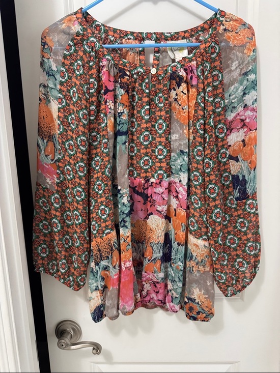 fig and flower Tops - fig and flower Orange Multi Floral Patchwork Peasant Blouse